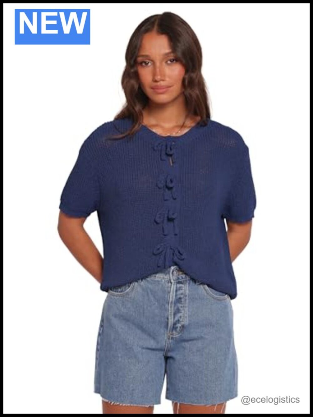 Women's Short Sleeve Cardigan with Decorative Bows - Cotton Blend